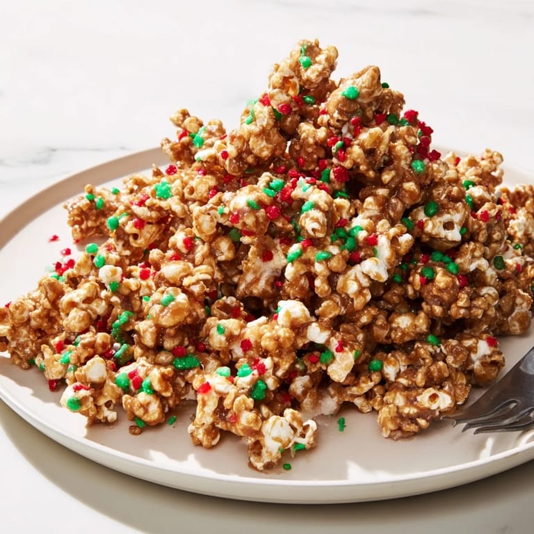 Warm, sticky batch of Popcorn Piles sprinkled with red and green, perfect for holiday snacking.