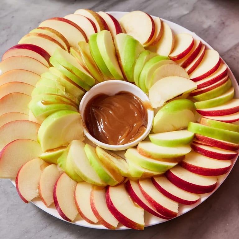 This image showcases delicious Apple Slices with glistening caramel, ideal for dipping, and ready to enjoy now.