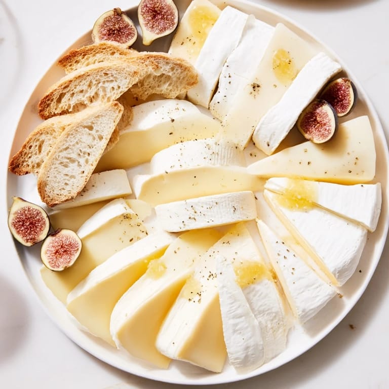 Exquisite French Bistro Elegance appetizer: inviting cheese and baguette arrangement with honey and mustard.