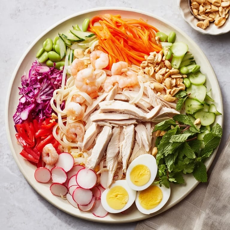A close-up of a shared Asian Fusion Noodle Bowl Board, filled with tempting protein and sauces.