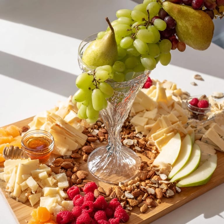 Vibrant Champagne Waterfall Board loaded with cheese, salami, and fruit—a delicious, festive grazing board at a glance.