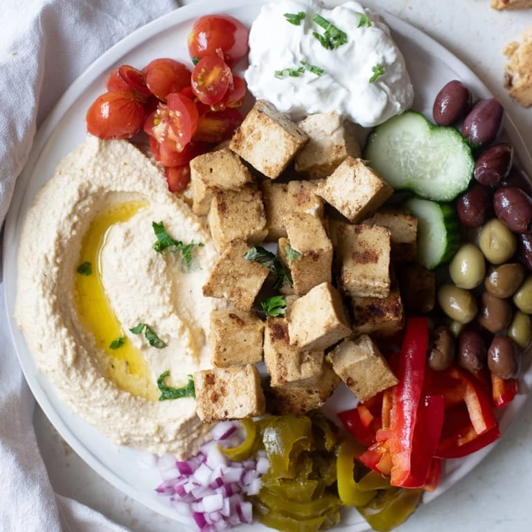 A delicious Mediterranean Mezza Platter, showcasing creamy dips and colorful vegetables, perfect for an appetizer.