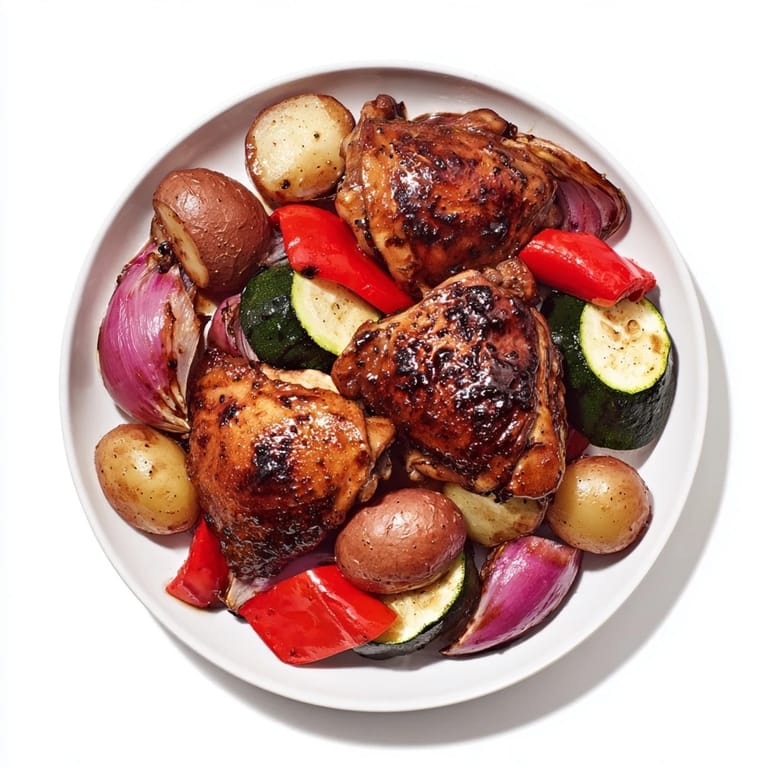 Golden-brown Black Garlic and Balsamic Chicken Sheet Pan, served with tender, caramelized vegetables, ready to enjoy.