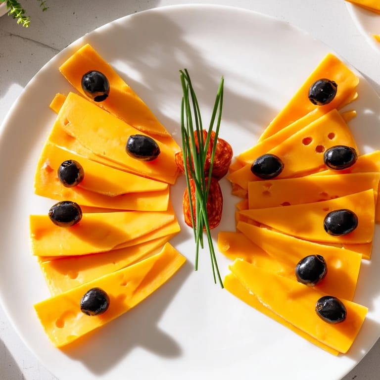 Close-up of The Butterfly Migration appetizer: salami body with cheddar and olive wings, ready to eat!