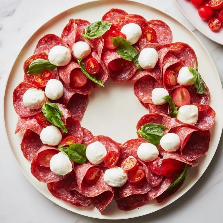 Serve this easy folded salami wreath: picture thinly sliced salami artfully shaped and ready to enjoy.