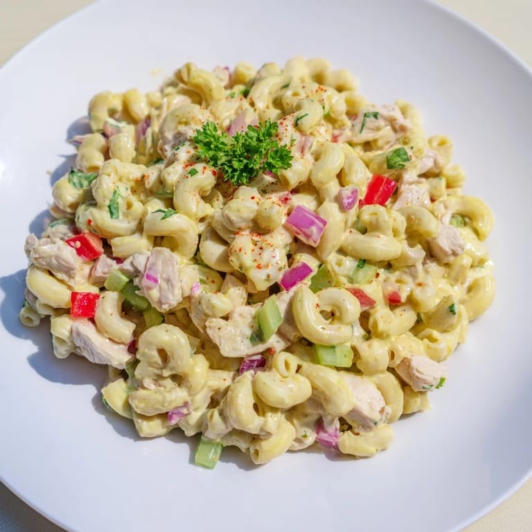 Chilled Chicken Macaroni Holiday Salad, with a creamy mayonnaise dressing and fresh parsley garnish.