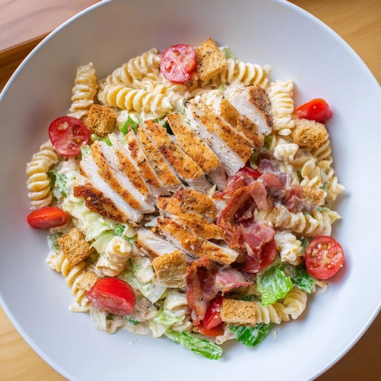 Creamy Caesar dressing coats a delicious Chicken Caesar Pasta Salad with rotini and juicy tomatoes.