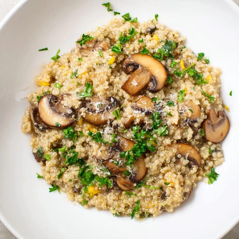 A close-up of Mushroom Quinoa Risotto, showcasing the creamy texture and earthy mushrooms with Parmesan.