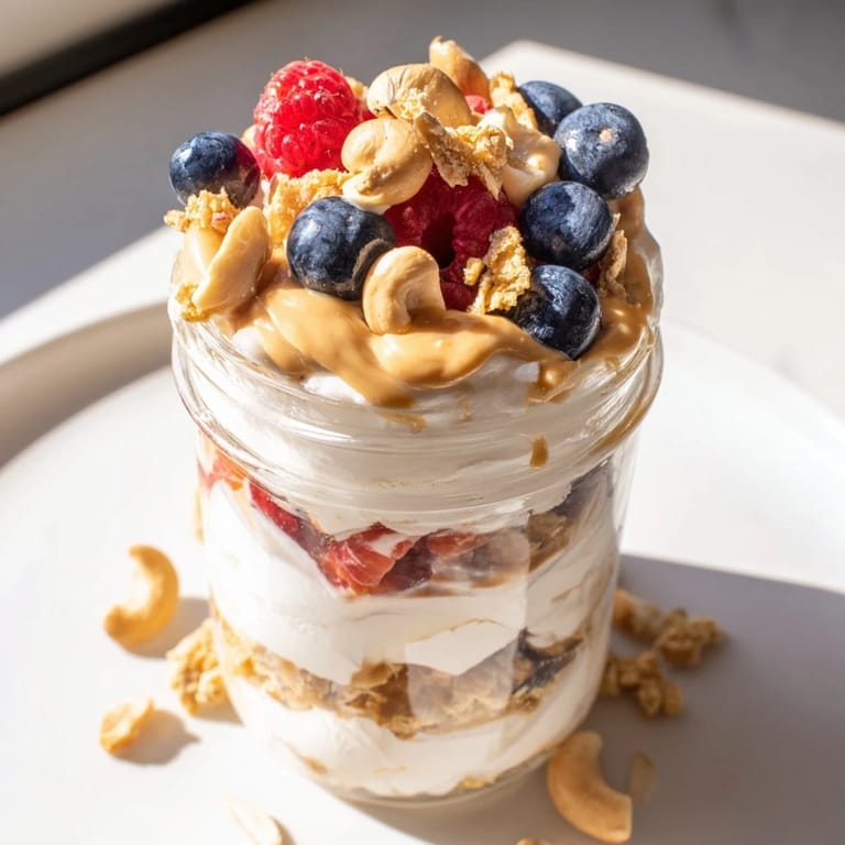 Enjoy a layered Cashew Butter Yogurt Parfait: the perfect blend of creamy yogurt, fresh fruit, and crunchy granola.
