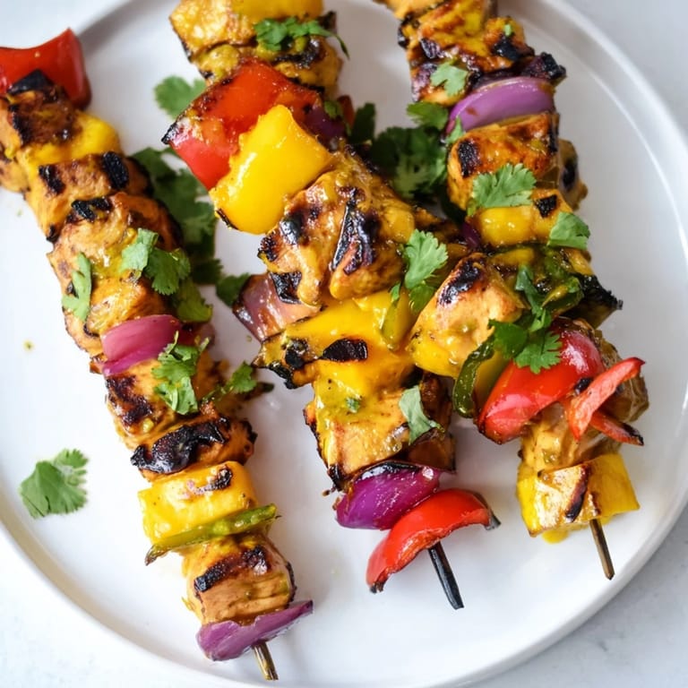 Vibrant skewers of Mango Lime Chicken, beautifully grilled, offering sweet and savory flavors for a delicious meal.