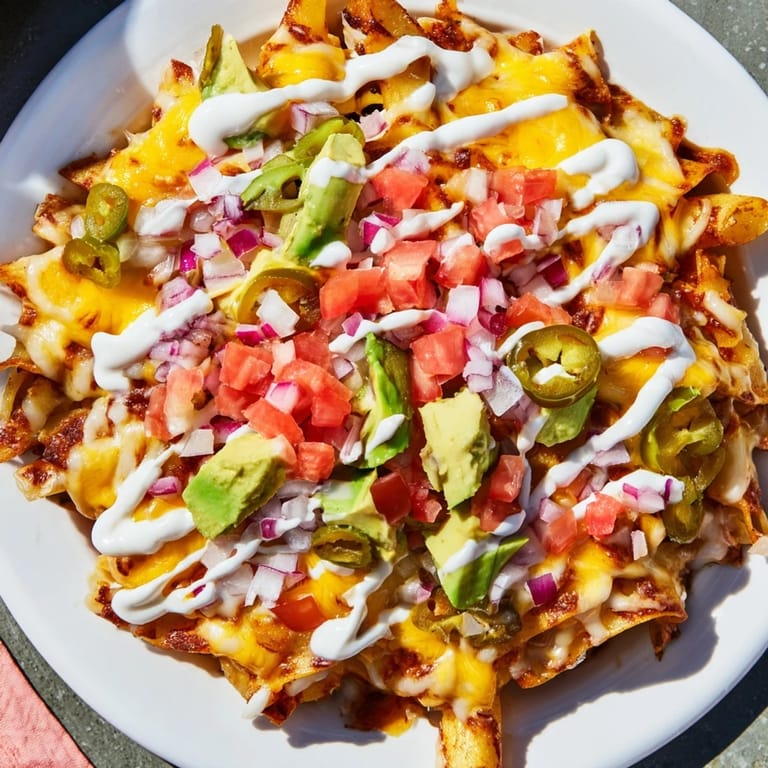 Delicious, shared appetizer: warm Pasta Chips Nachos featuring a medley of fresh ingredients and flavors.