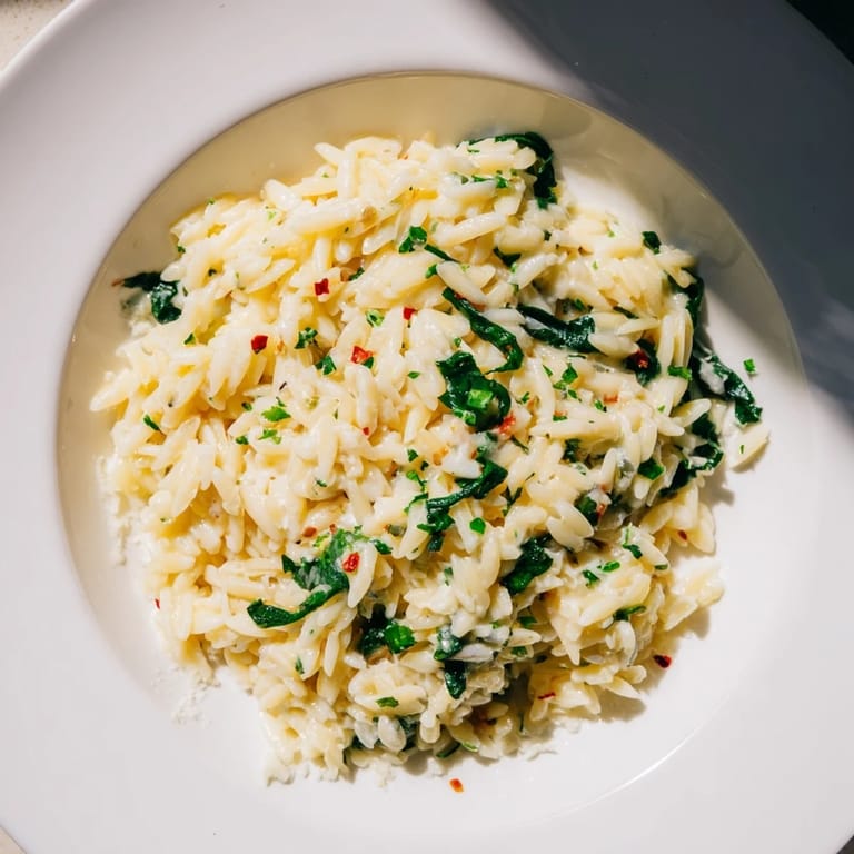 Delicious, steaming bowl of One-Pot Creamy Orzo; the creamy sauce clings to the tender orzo.