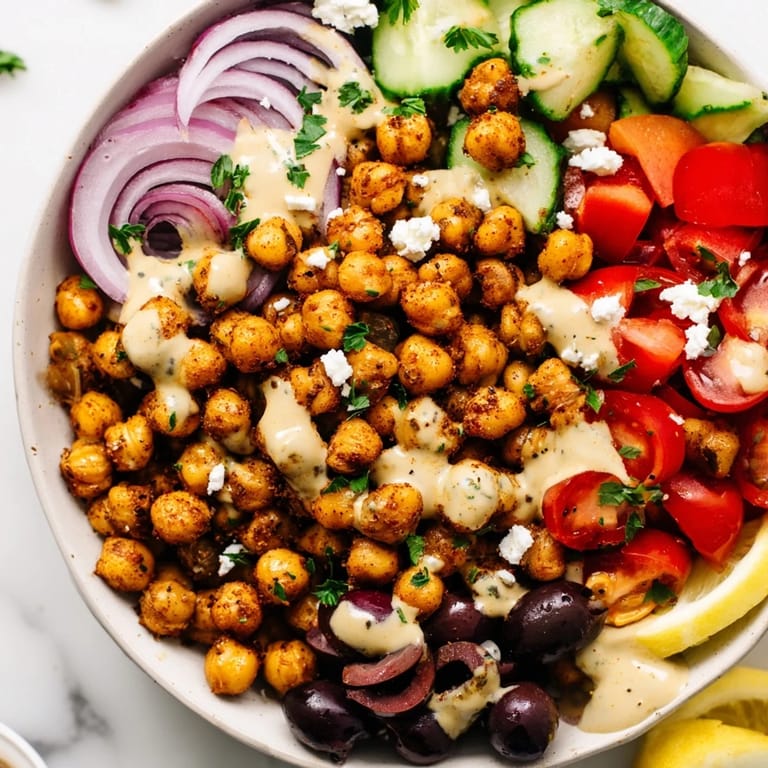 A colorful and delicious Mediterranean Chickpea Bowl, drizzled with creamy tahini dressing and feta.