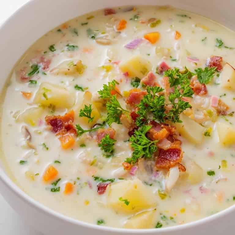 Thick and hearty New England Clam Chowder, garnished with parsley, ready to be enjoyed with oyster crackers.