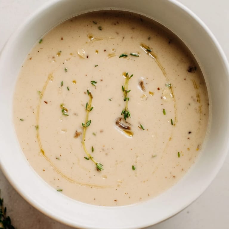 Velvety smooth Creamy Mushroom Bisque in a rustic bowl, perfect for a cozy dinner.