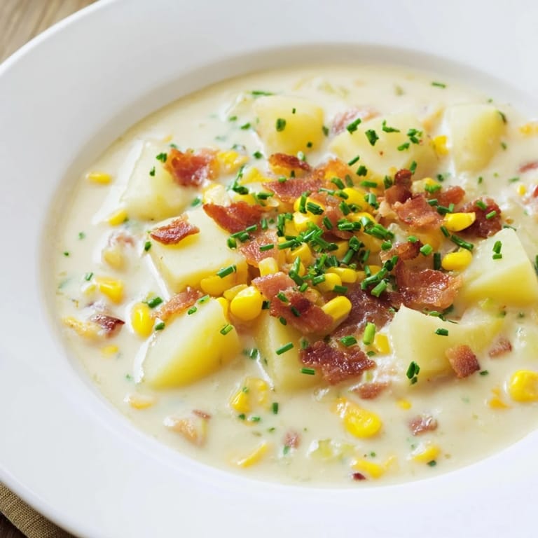 A close-up view of creamy corn chowder soup, showcasing tender potatoes and sweet corn kernels in a bowl.