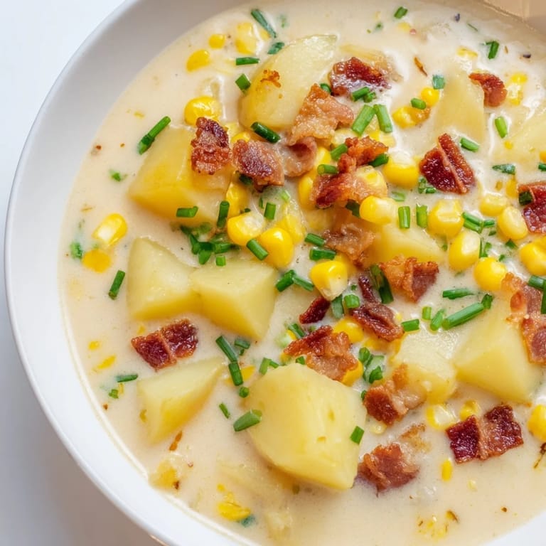 Homemade corn chowder soup, a hearty American comfort food, perfect for a cozy, flavorful dinner.
