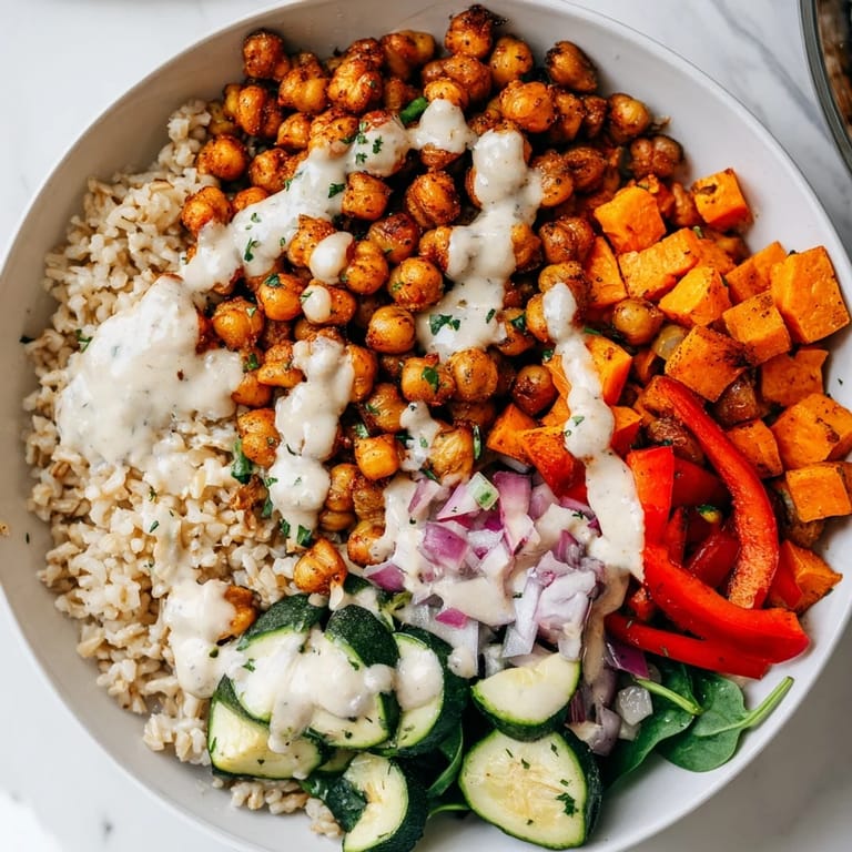 Imagine a hearty Roasted Chickpea Buddha Bowl overflowing with fluffy rice, fresh spinach, and a flavorful sauce.