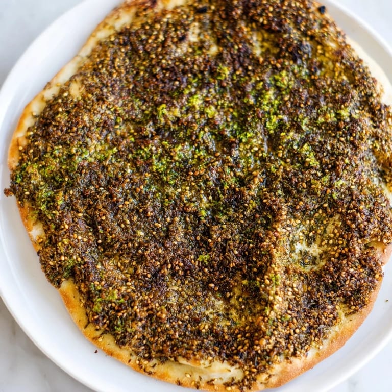 A close-up of warm, delicious Levantine Zaatar Bread ready to eat, with crispy edges and savory topping.