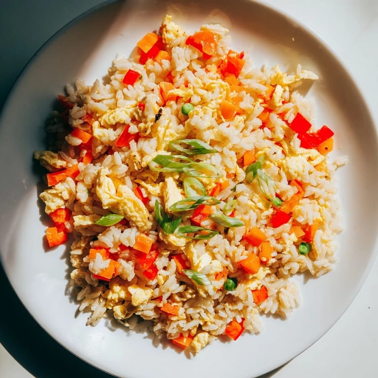 Enjoy the delicious aroma of Egg Fried Rice, bursting with savory flavors, best served piping hot in a bowl.
