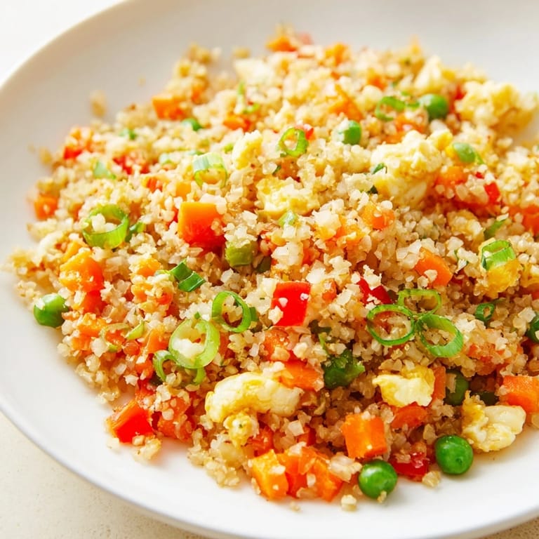 A healthy vegetarian plate of cauliflower fried rice, bursting with fresh flavors and textures.