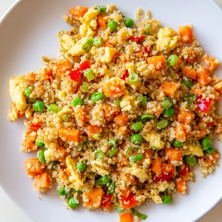 Golden scrambled eggs mixed into flavorful cauliflower fried rice, a low-carb dinner idea.