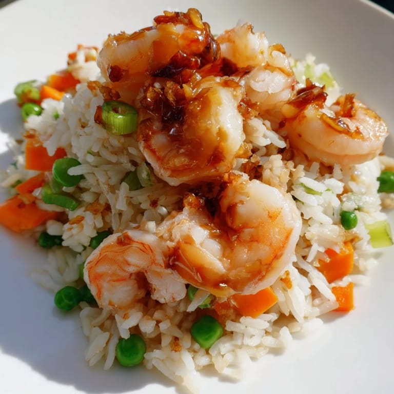 Fragrant shrimp garlic fried rice with sesame oil, garnished with fresh sliced spring onions for serving.