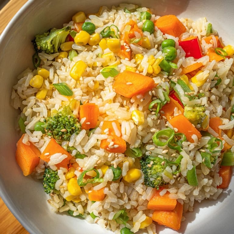 A steaming bowl of Vegetable Fried Rice, highlighting tender vegetables and savory sesame flavors.