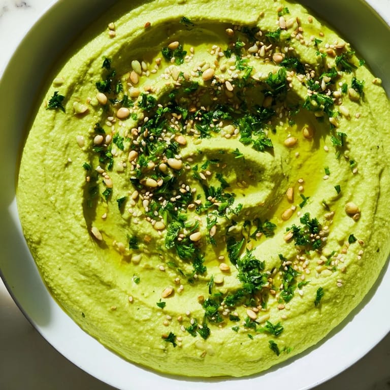 A close-up of vibrant green edamame hummus garnished with sesame seeds and parsley.