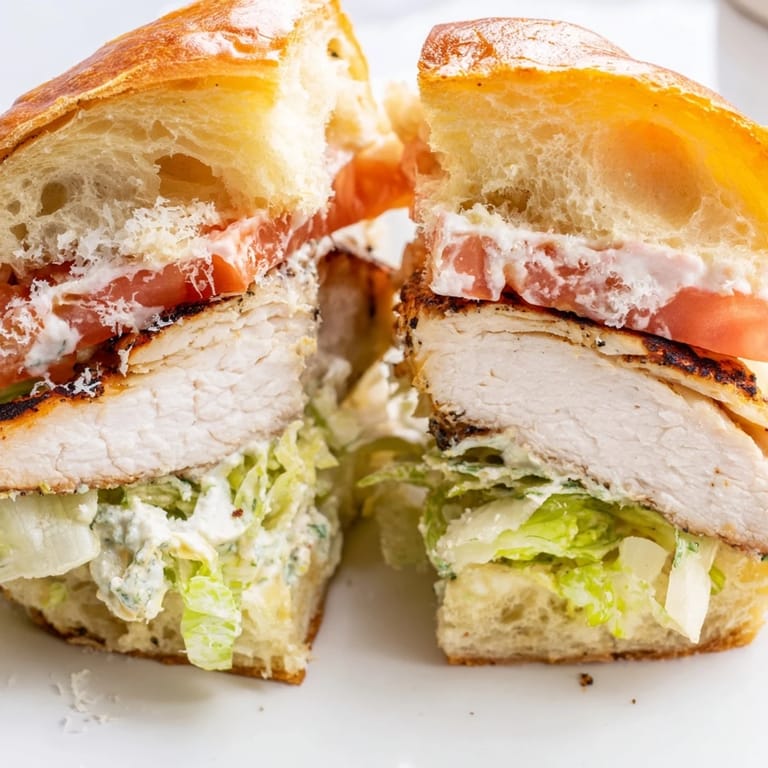 Freshly assembled Caesar Chicken Sandwich on a wooden board, ready to eat with a side of mixed greens.