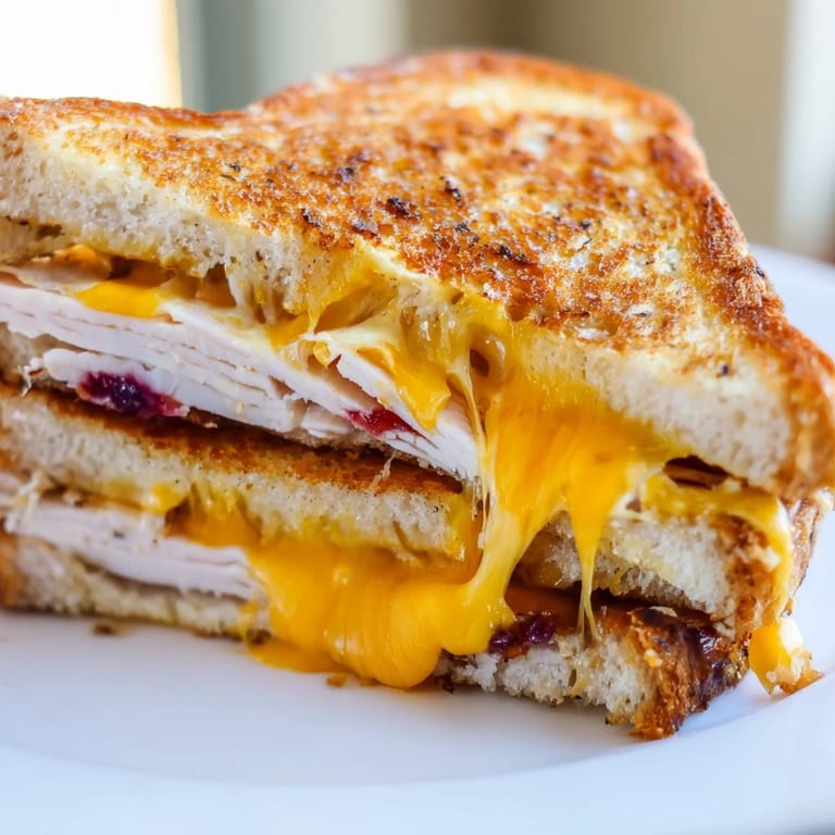 A close-up view of a skillet-smoked turkey grilled cheese, with crispy bread and a side of sweet potato fries.