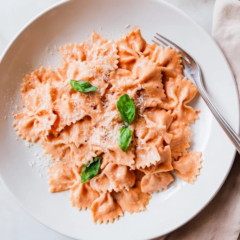 Bowtie pasta tossed in a silky tomato basil sauce, topped with extra Parmesan and a basil sprig for a colorful weeknight dinner. 