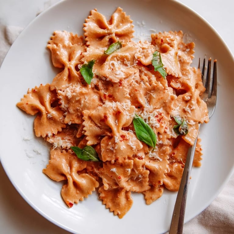 A skillet of vibrant Tomato Basil Bowtie Pasta next to a slice of garlic bread and a fresh green salad on a rustic table.
