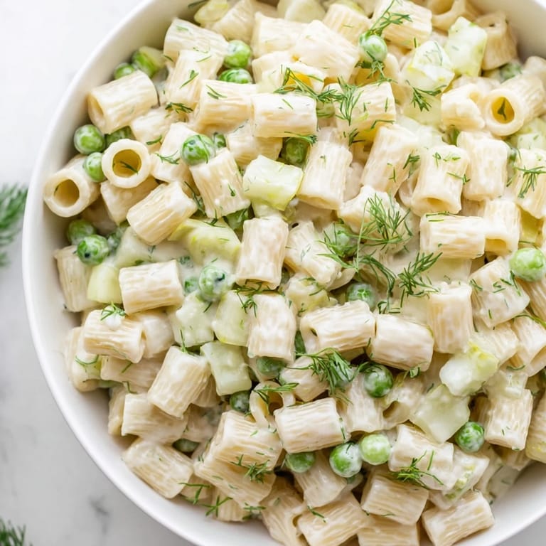 A chilled bowl of Creamy Dill Pickle Pasta Salad garnished with fresh dill, ready for a summer picnic or backyard barbecue.  