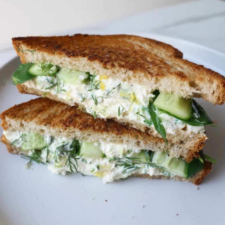 Served warm, this bright Mediterranean-inspired grilled cheese is garnished with lemon zest for a fresh and vibrant finish.