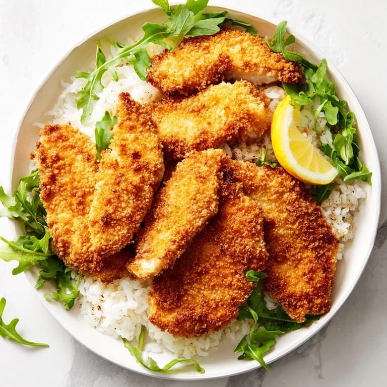 A close-up view of a Crispy Parmesan Chicken Cutlet Bowl with juicy sliced chicken, greens, and a wedge of fresh lemon.