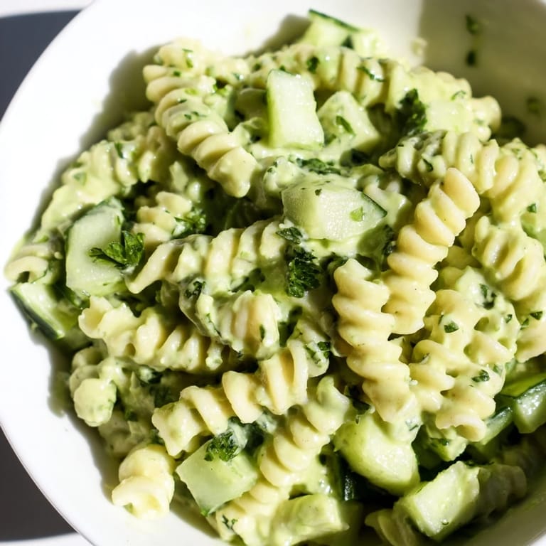 A close-up view of Green Goddess Pasta Salad tossed in creamy avocado-yogurt dressing, garnished with basil and parsley for a fresh lunch.