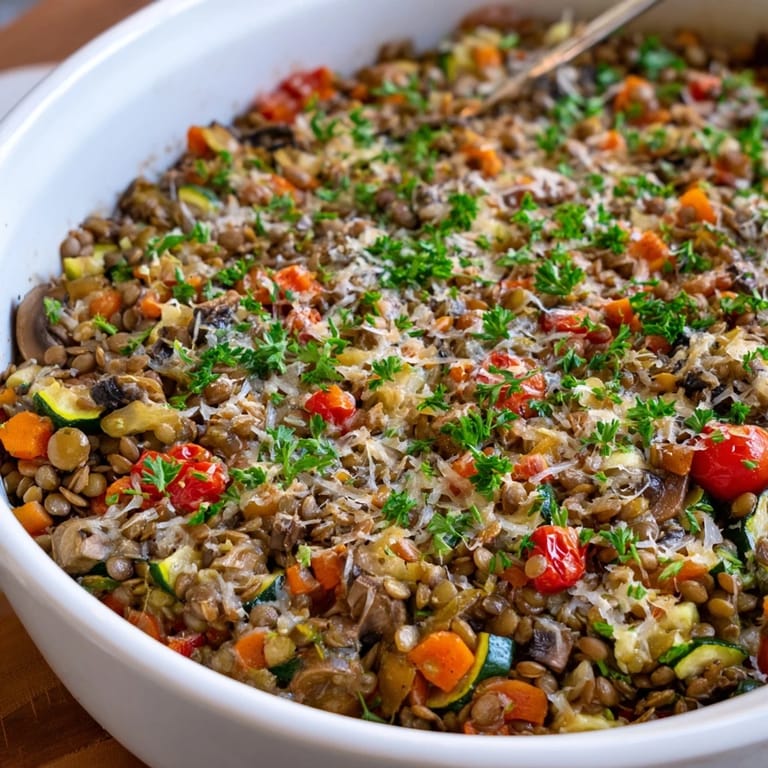 Rustic casserole dish filled with Green Lentil and Vegetable Casserole, featuring colorful carrots, peppers, zucchini, and tomatoes in rich sauce.