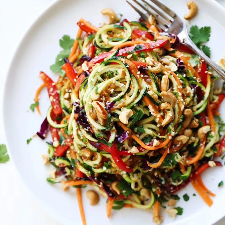 Vibrant Raw Vegetable Noodle Salad served in a white bowl, garnished with fresh cilantro and chopped peanuts.