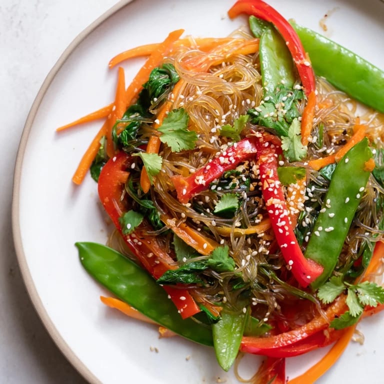 Delicious gluten-free Kelp Noodle Stir-Fry tossed with red peppers and snap peas, garnished with lime for a zesty finish.