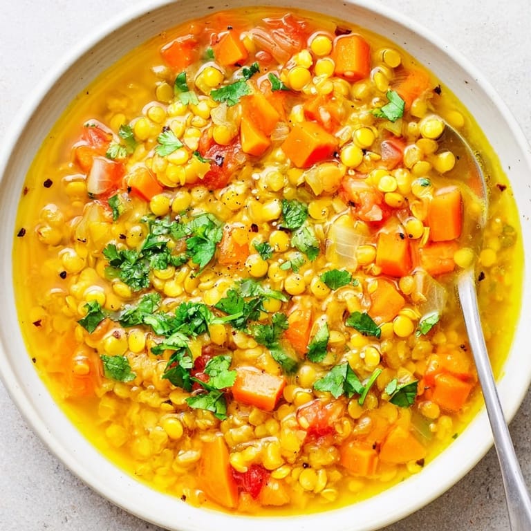 A pot of Mung Bean Soup simmering with warming spices, served alongside basmati rice and fresh lemon wedges.