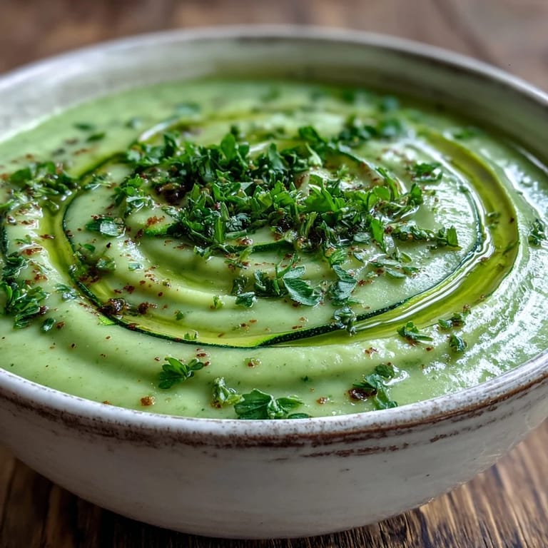 A ladle pouring creamy Zucchini Soup into a bowl, with zucchini slices and herbs nearby.