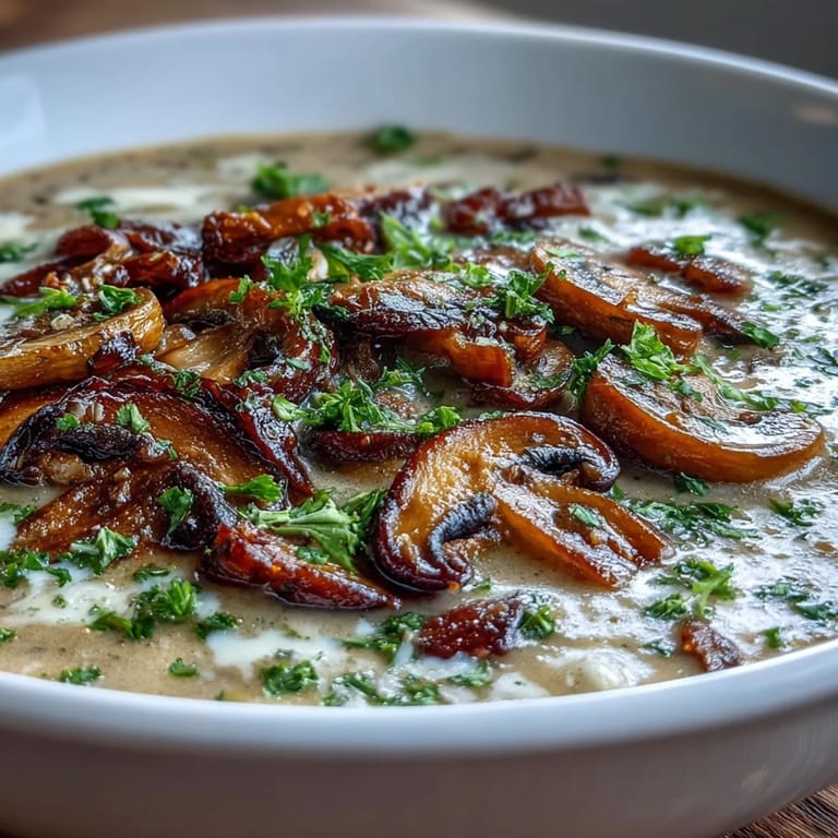 Velvety Creamy Mushroom Soup in a white bowl, ready to serve with crusty bread.