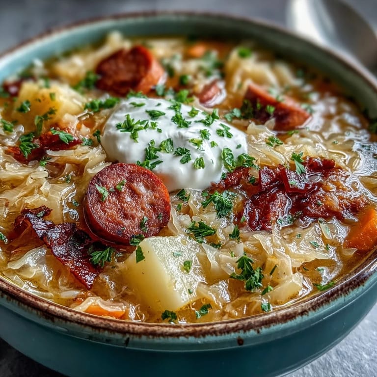 Close-up of Sauerkraut Soup simmering with smoked sausage, potatoes, and carrots in a rich, aromatic broth.