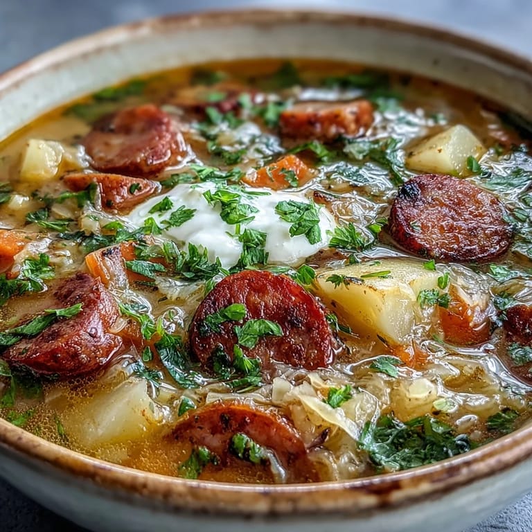 Hearty Sauerkraut Soup garnished with dill and a dollop of sour cream, perfect for a healthy gut-friendly dinner.