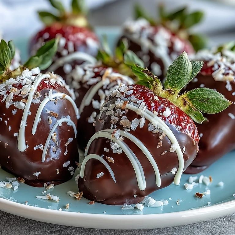 Chocolate covered strawberries drizzled with white chocolate, served elegantly on a platter.