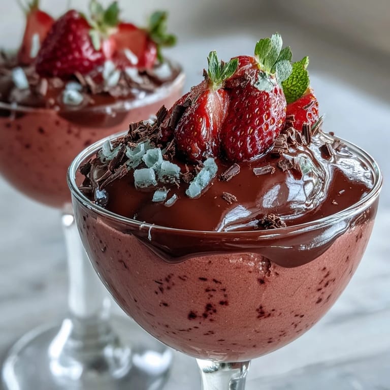 Clear glass reveals the pink and dark chocolate layers of Chocolate-Covered Strawberry Mousse next to fresh strawberry garnish.