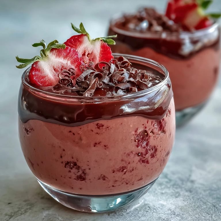 A spoon is about to dig into creamy Chocolate-Covered Strawberry Mousse garnished with shaved chocolate and a mint leaf.