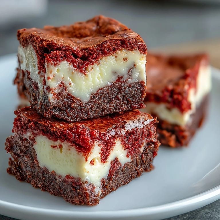 Red Velvet Cheesecake Brownies cut into squares, showcasing vibrant red velvet layers and a smooth cream cheese topping.