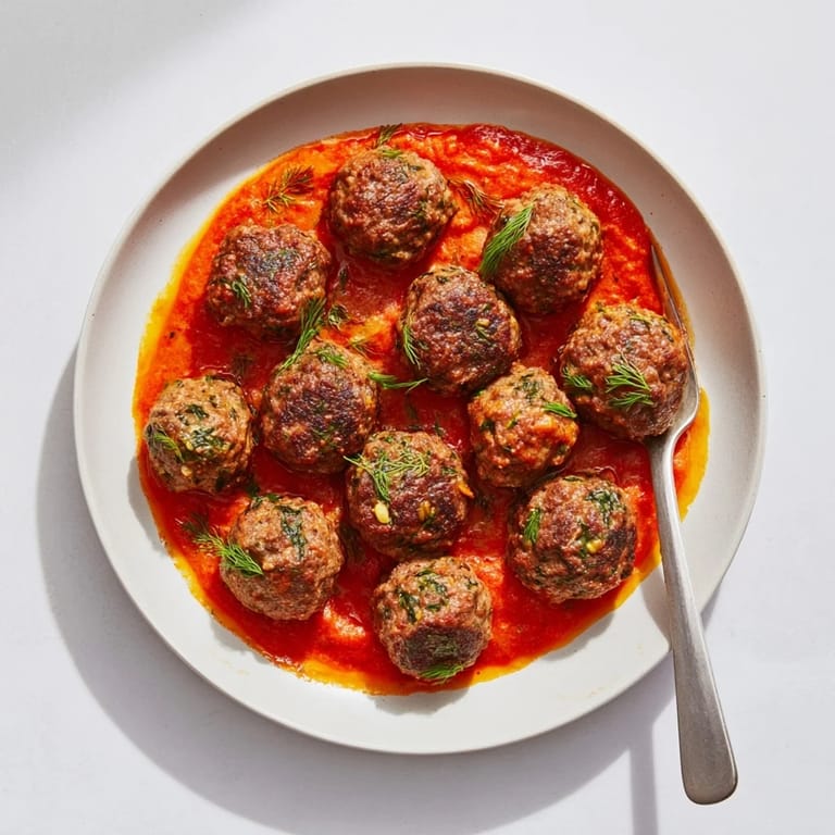 Top view of glistening Instant Pot Greek-Style Meatballs, plated and drizzled with a tangy feta sauce.